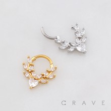 MARQUISE CZ GEMSTONE LEAF WREATH HINGED SEPTUM CLICKER RING 316L SURGICAL STEEL